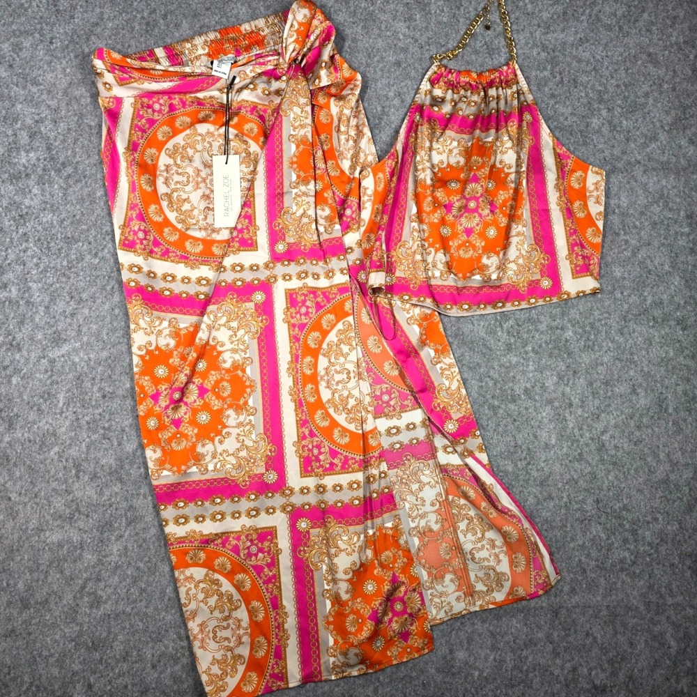 Rachel Zoe 2 PC Set Halter Top Midi Skirt Slit Pink Orange Small Resort Glam NEW